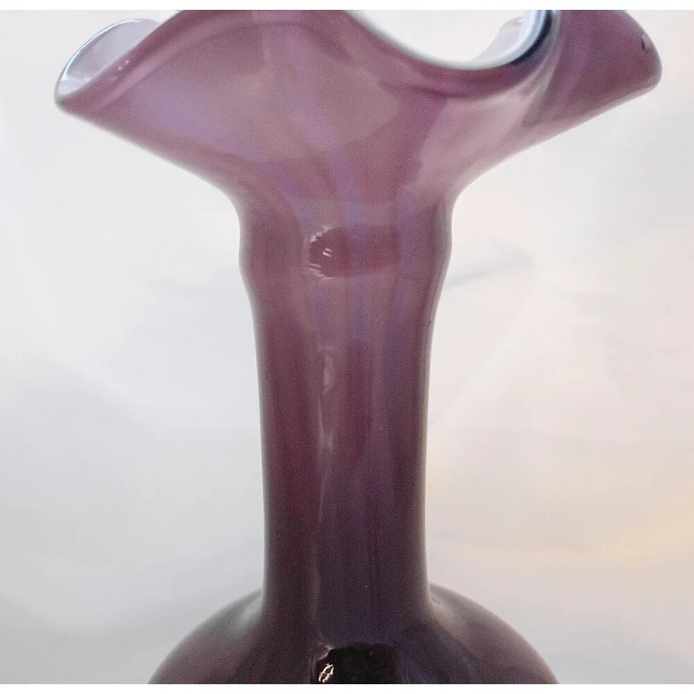Handblown Glass Vase with Ruffled Top Purplish Brown with White Interior